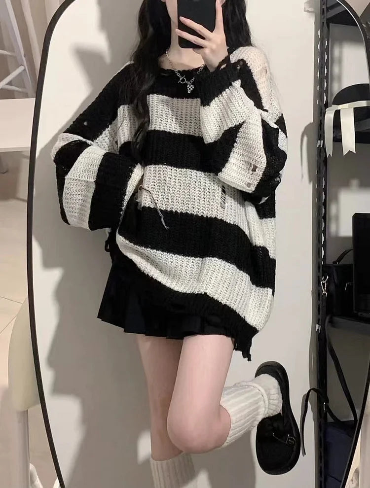 Grunge egirl Style Black Pink Stripes Fashion Sweater