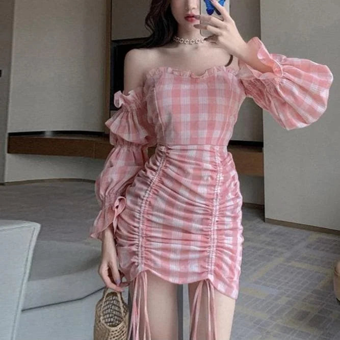 Pink Grid Off-Shoulder Draw String Dress