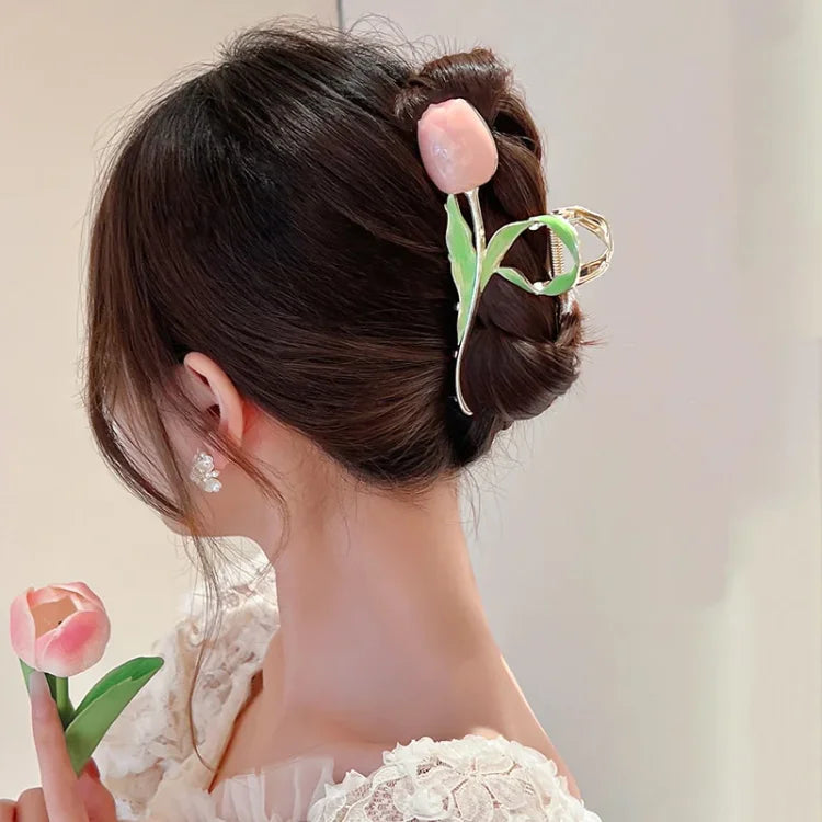 Korean Fashion Pink 3D Tulip Hair Claws Shark Clip Floral Hair Accessories