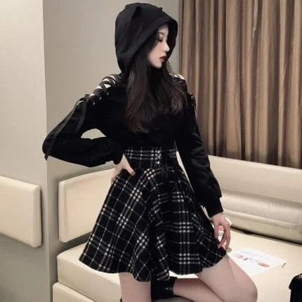 Gothic Suit Cat Ear Short Sweatshirt Tops And Lace Up Gingham High Waist Skirt