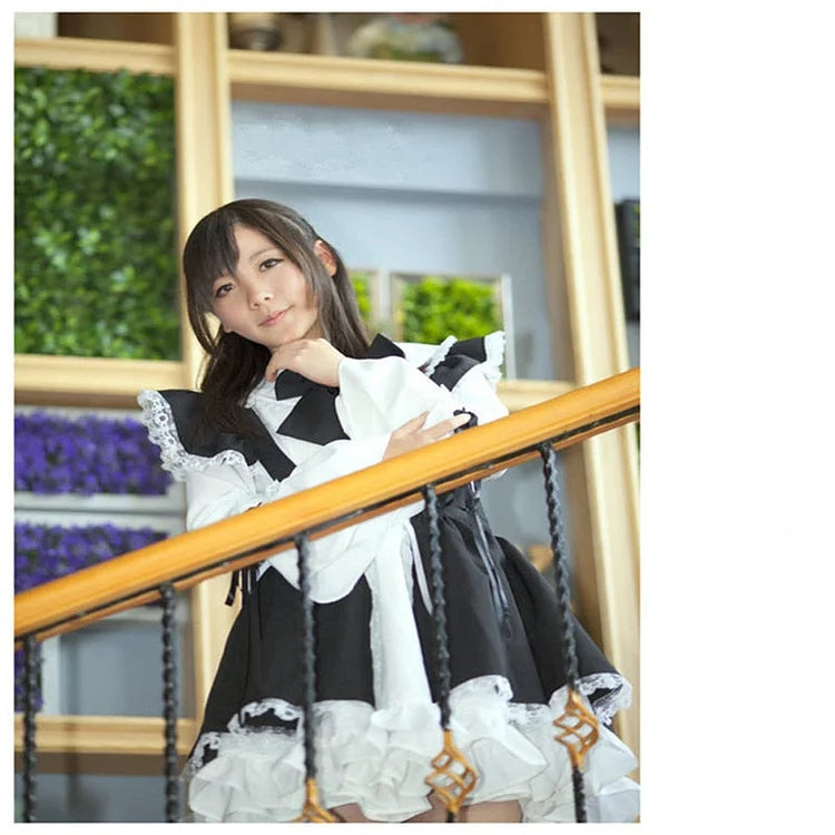 Anime Maid Outfit Black&White Apron Dress Lolita Cosplay Costume