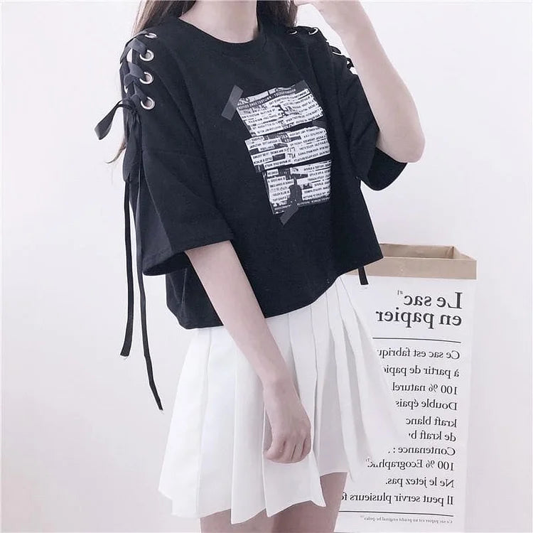 Black Off-the-shoulder Alphabet Print Short Sleeve T-shirt