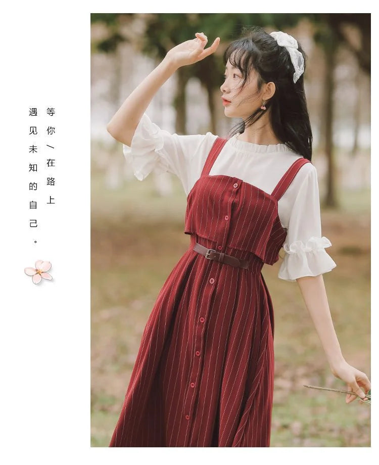 Short-Sleeve Frill Trim Blouse  Plaid Midi A-Line Overall Dress  Set