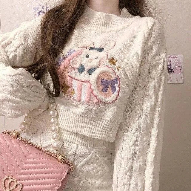 Cute Rabbit Pattern Long Sleeve Sweater Half-length Skirt Two Piece Set