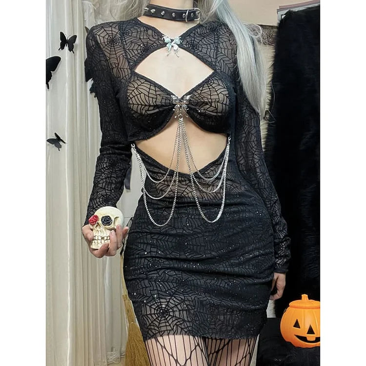 Cool Witch Spiderweb Cutout Bodycon Black Dress