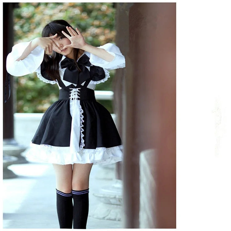 Anime Maid Outfit Black&White Apron Dress Lolita Cosplay Costume