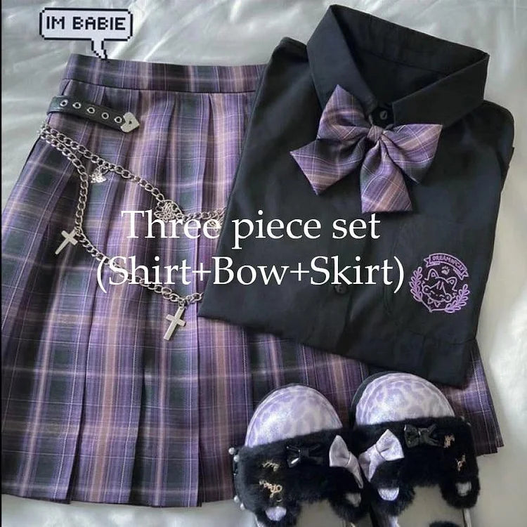 Black Blouse Purple Bow Plaid Skirt JK School Uniforms Three Piece Set