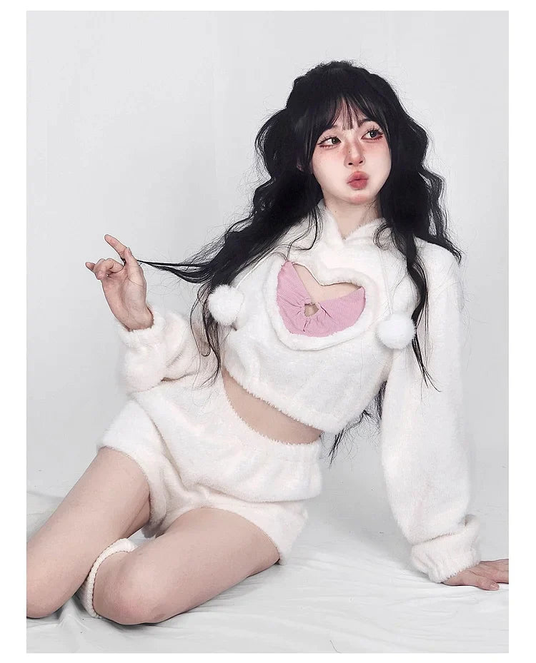 Cute White Hoodie Heart Two Piece Set