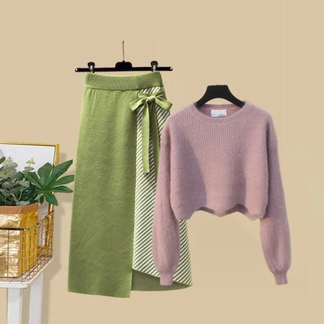 S-4XL Plus Size Warm Long Sleeve Knitted Sweater and High Waist Skirt Set