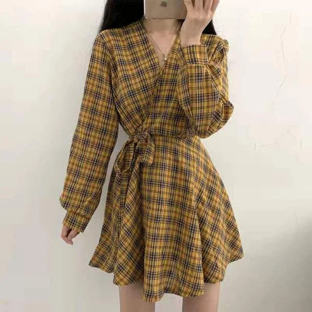 Dark Academia Winter Plaid Dress Long Sleeve Scottish Plaid Slim Dress