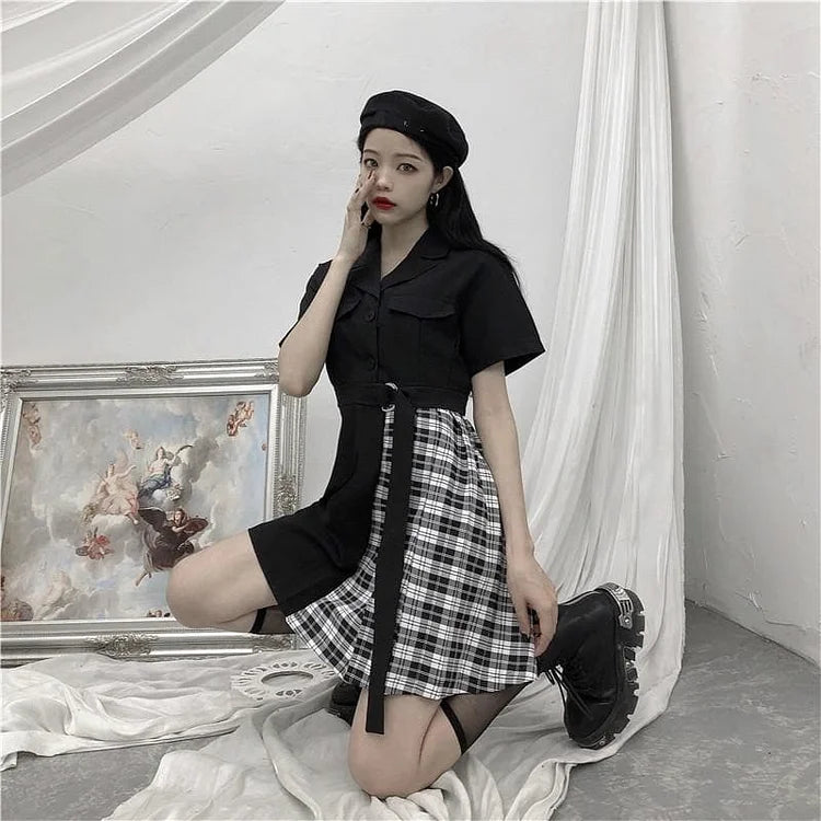 Gothic Black Patchwork Plaid Dress