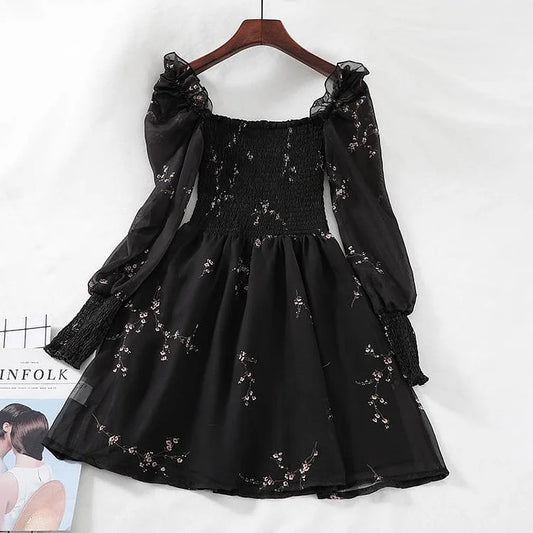 Black Flower Long Puff Sleeve Chiffon Dress