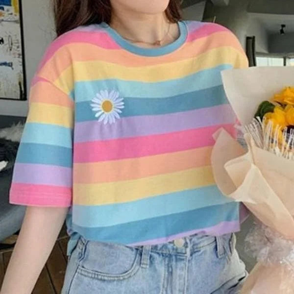 Kawaii Rainbow Striped Daisy Embroidered Loose T-shirt