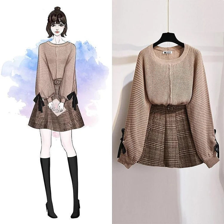 Dark Academia Autumn Knitted Sweater and Skirt 2 Piece set