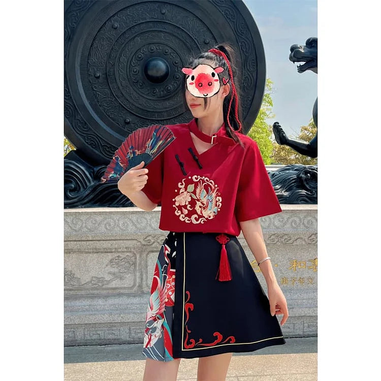 Sweet Embroidery Black Red T-shirt Skirt Set