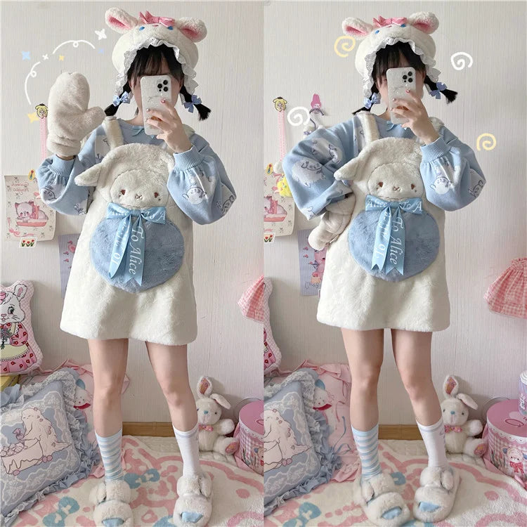 Customized Cute Cat Sheep Bear Winter Warm Furry Suspender Dress