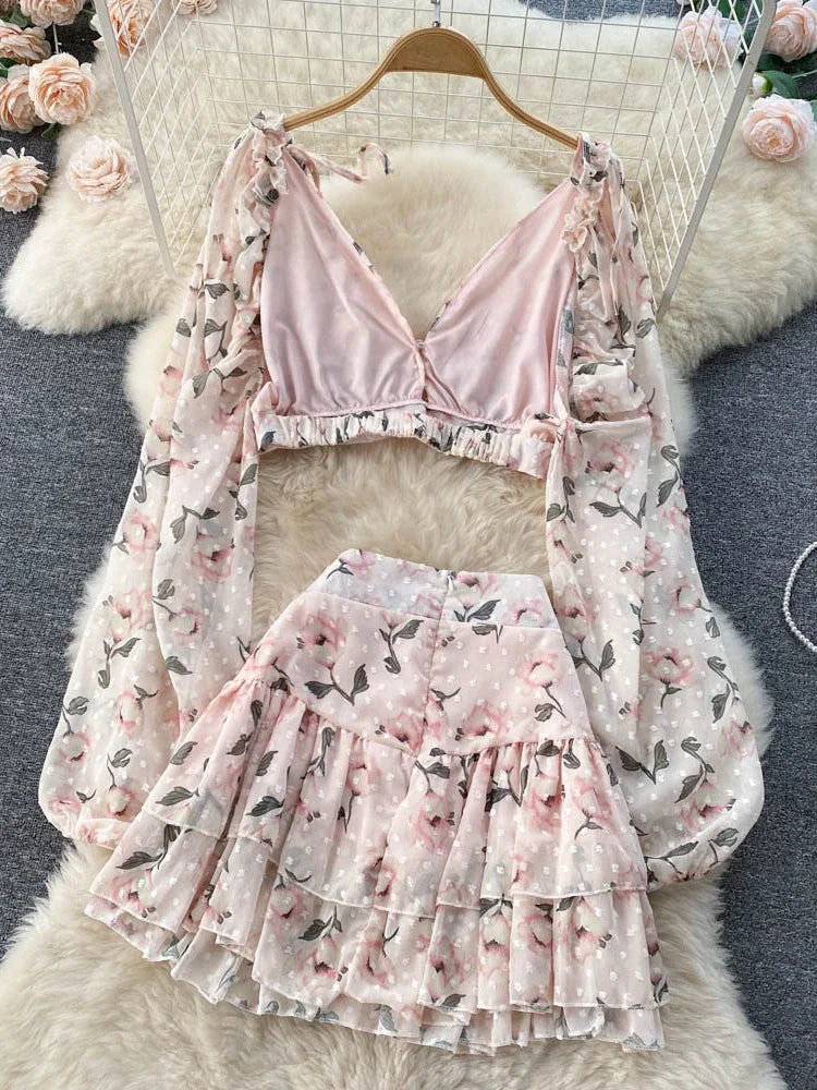 Floral Backless Shirt Crop Top + Cake Skirt Suits Two Piece Set