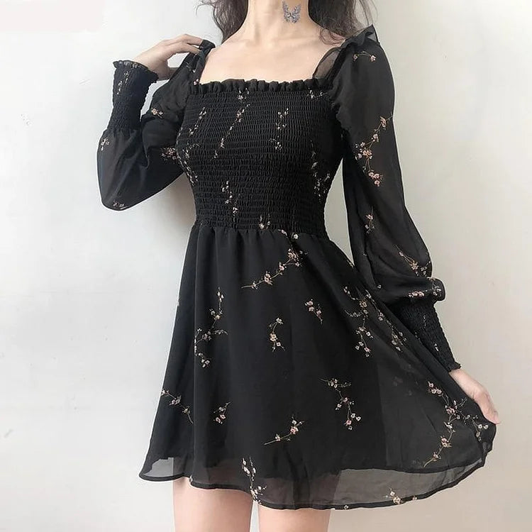 Black Flower Long Puff Sleeve Chiffon Dress