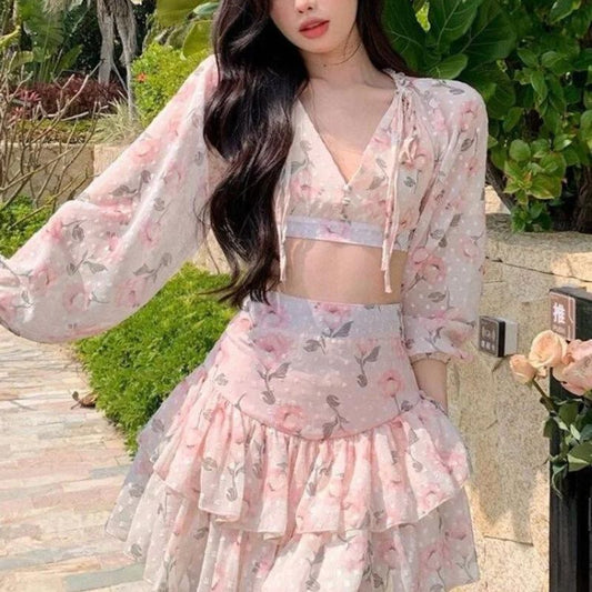 Floral Backless Shirt Crop Top + Cake Skirt Suits Two Piece Set