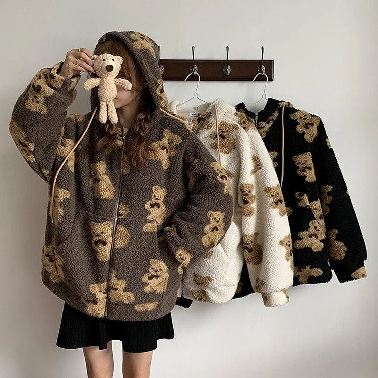 Cartoon Cute Khaki/Black/Beige Bear Hoodie Coat