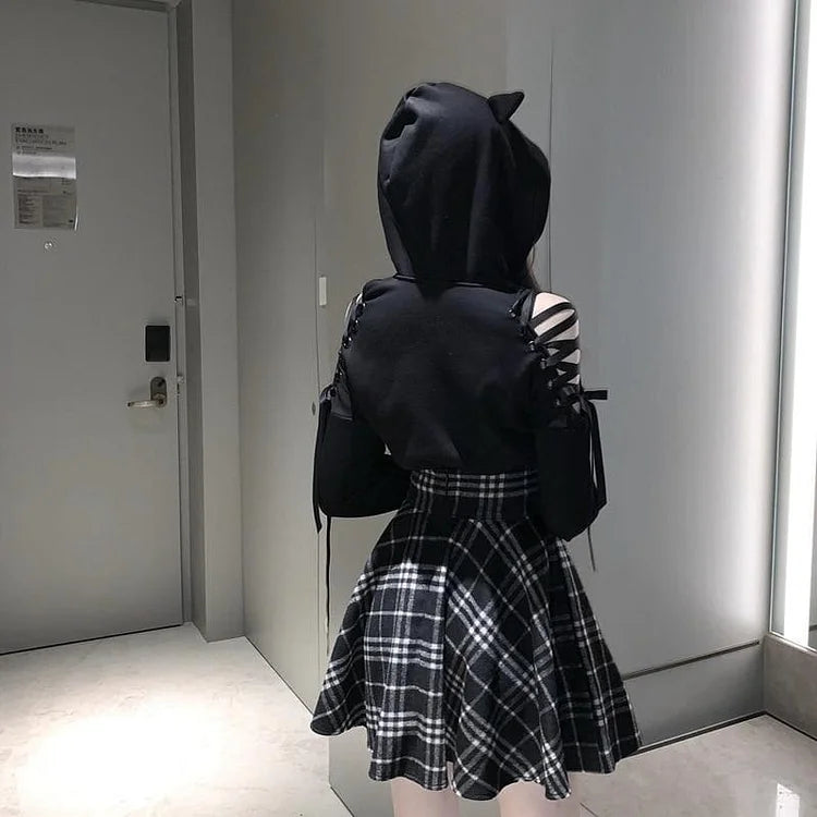 Gothic Suit Cat Ear Short Sweatshirt Tops And Lace Up Gingham High Waist Skirt