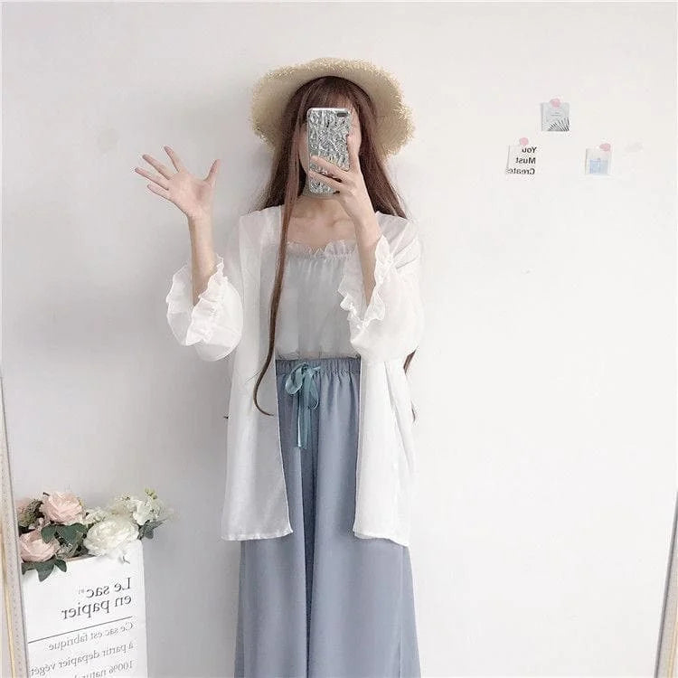 Spring/Summer Comfy Casual Fashion White Top and Blue Pants Set