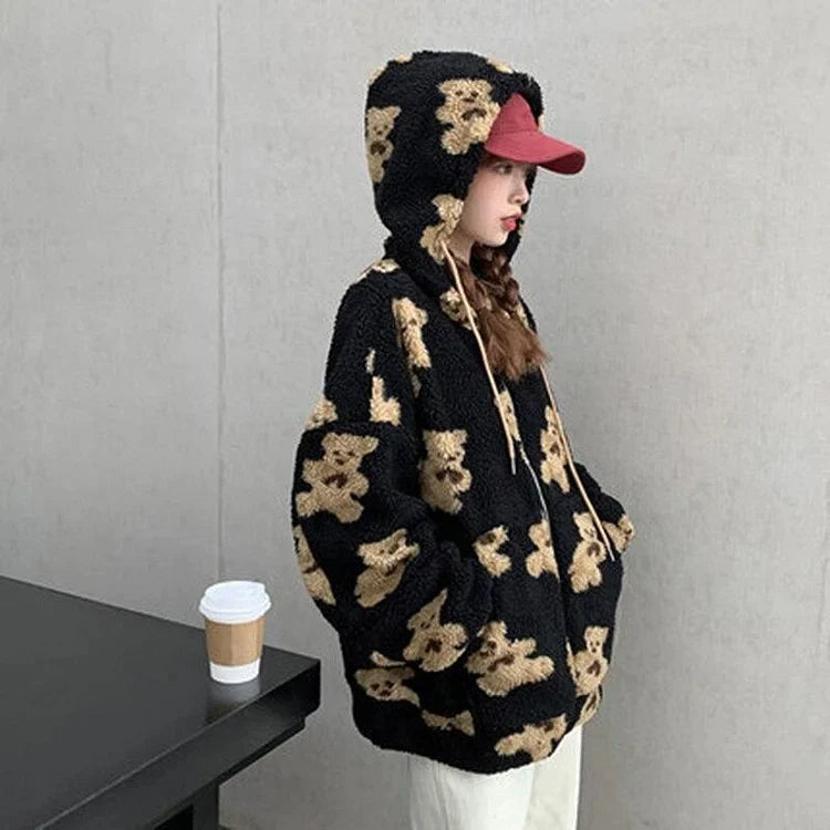 Cartoon Cute Khaki/Black/Beige Bear Hoodie Coat