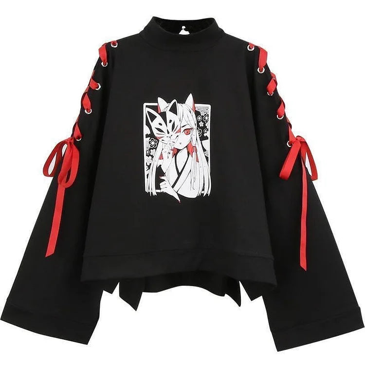 Anime Fox Printed Cross Ribbon Lolita Hoodie Jumper