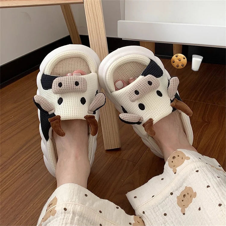 Home Slippers Women Outer Wear Sandals Cute Little Cow Linen Summer Anti-Slip Sweat-Absorbent Couple Cotton