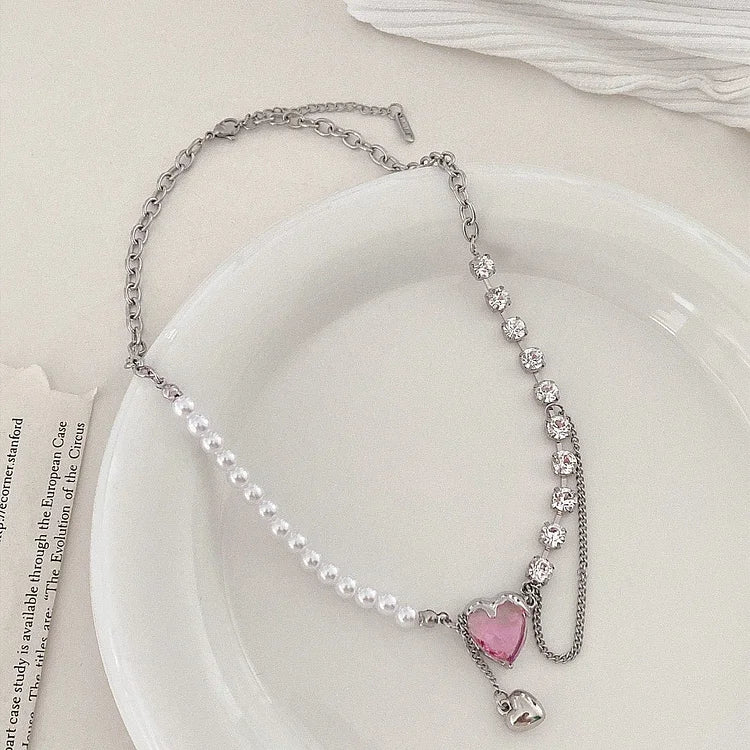 Pink Heart Pearl Chain Necklace