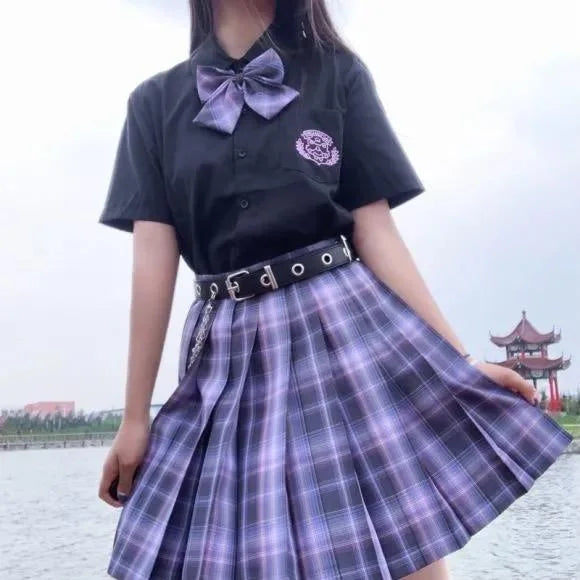 Black Blouse Purple Bow Plaid Skirt JK School Uniforms Three Piece Set