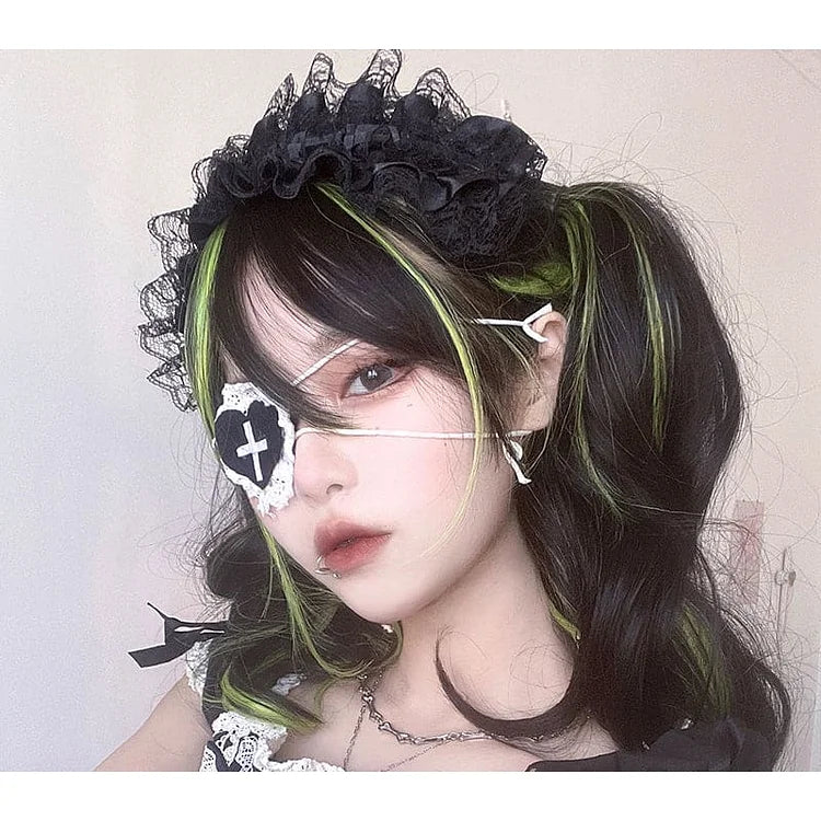 Lovely Kawaii eGirl Monster Style Green Black Curly Wig