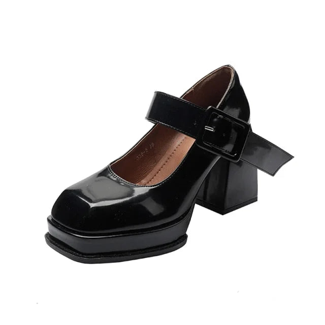 Goth Mary Jane Black/White Platform Thick Heels Shoes