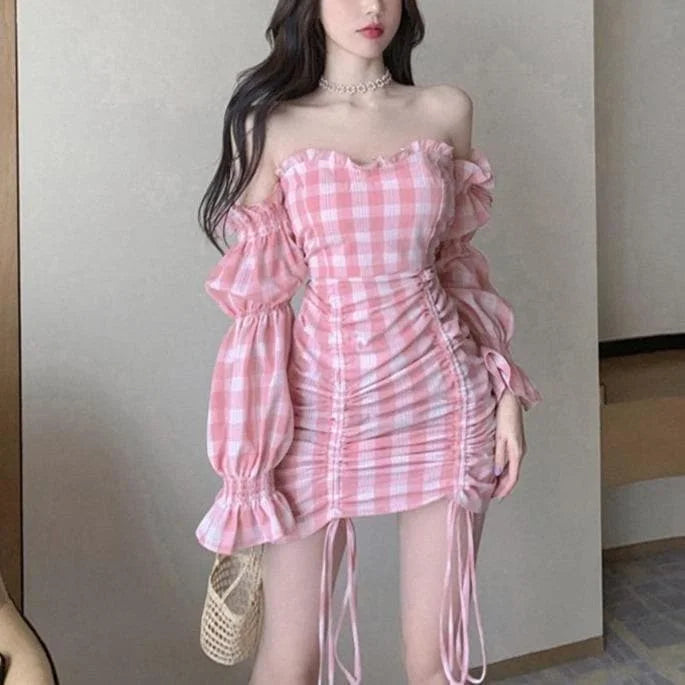 Pink Grid Off-Shoulder Draw String Dress