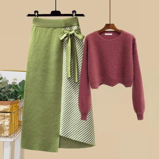 S-4XL Plus Size Warm Long Sleeve Knitted Sweater and High Waist Skirt Set