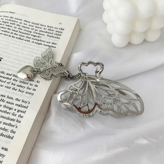 Hollow Out Butterfly Heart Tassel Metal Silver Hair Clip