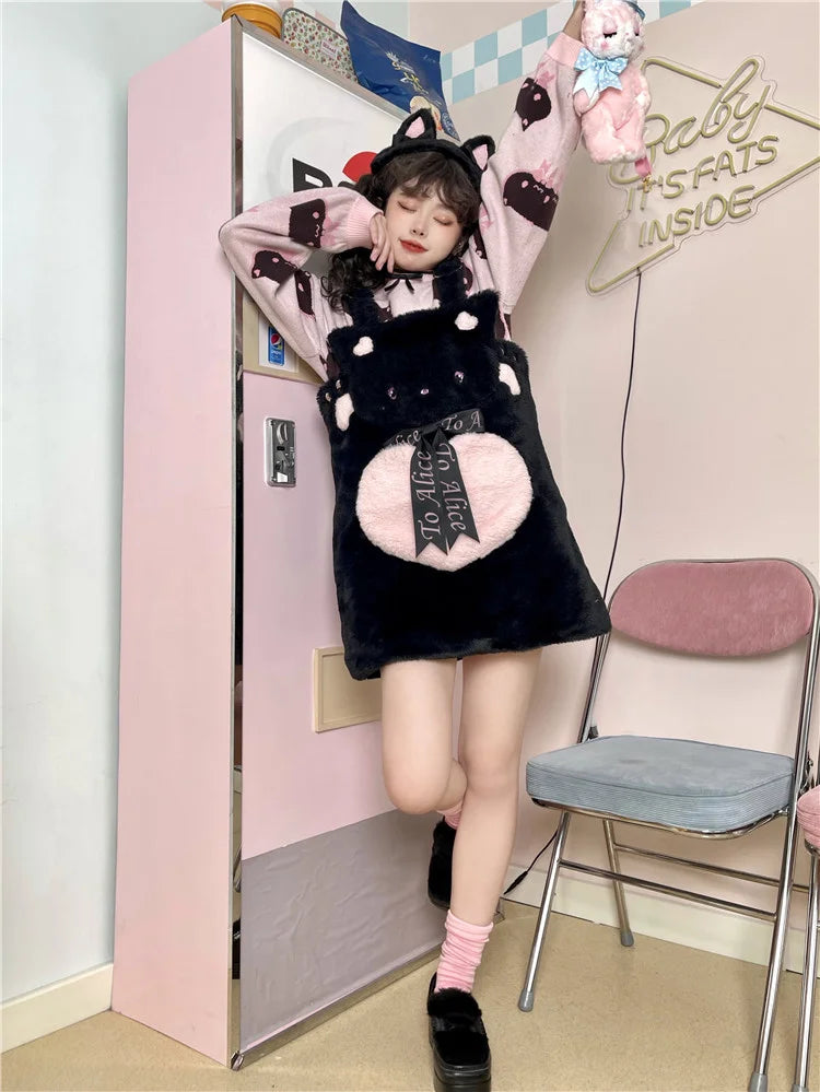 Customized Cute Cat Sheep Bear Winter Warm Furry Suspender Dress