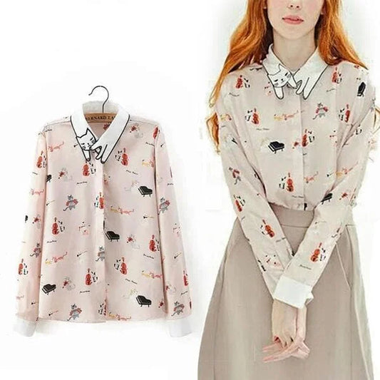 Neko Atsume Cute Cat Collar Printing Blouse