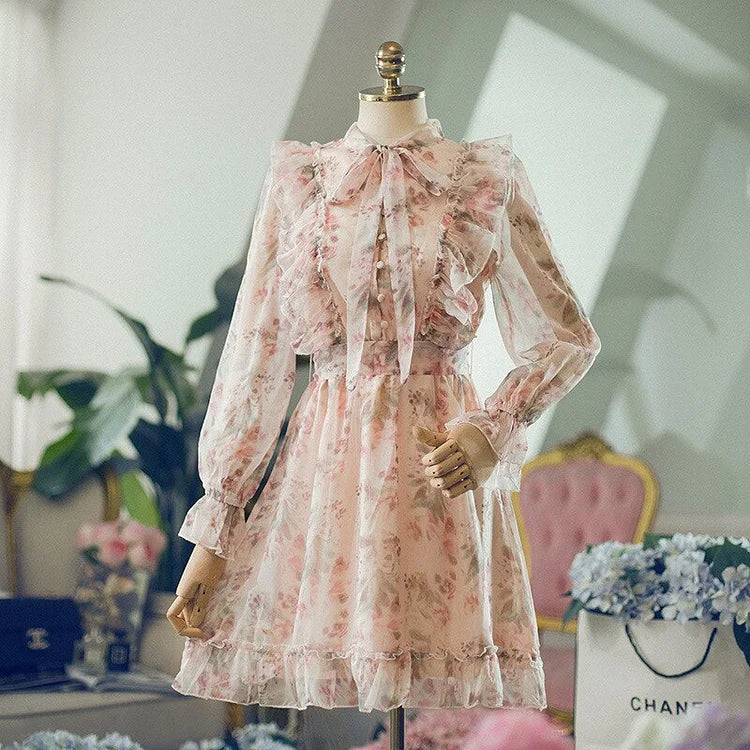 Sweet Floral Bow Ruffle Chiffon Lace up Elegant Dress