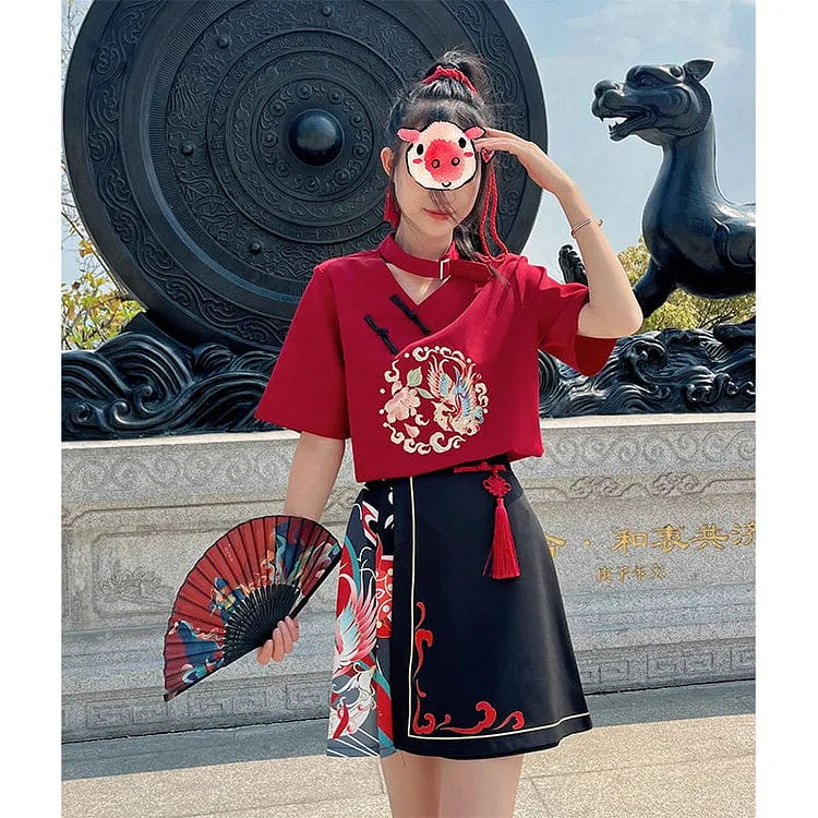 Sweet Embroidery Black Red T-shirt Skirt Set