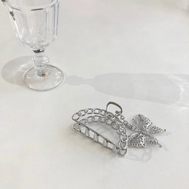 Hollow Out Butterfly Heart Tassel Metal Silver Hair Clip