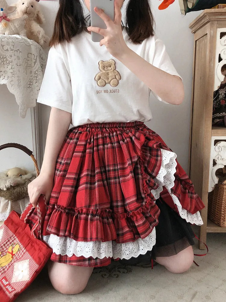 Sweet Triple Layered Flounce Plaid Skirt