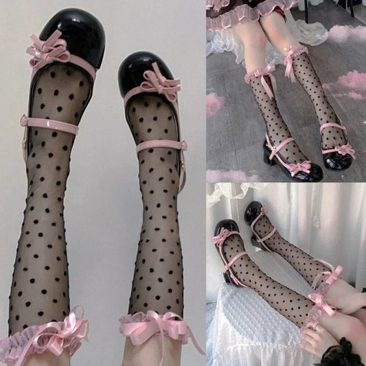 Polka Dot Sweet Ruffle Trim Ribbon Bowknot Sheer Knee High Socks