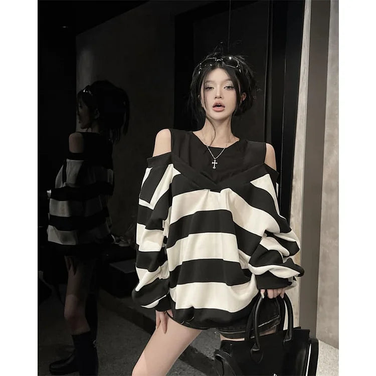 Stripe Open Shoulder Loose Sweatshirt