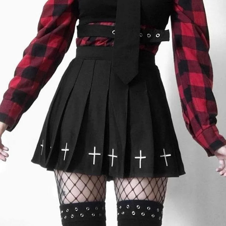 Gothic Cross Print Black Pleated Skirts