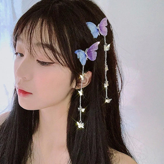 Korean Yarn Elegant Metal Tassel Long Hair Clips Butterfly Hairpins