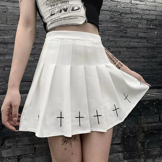 Gothic Cross Print Black Pleated Skirts