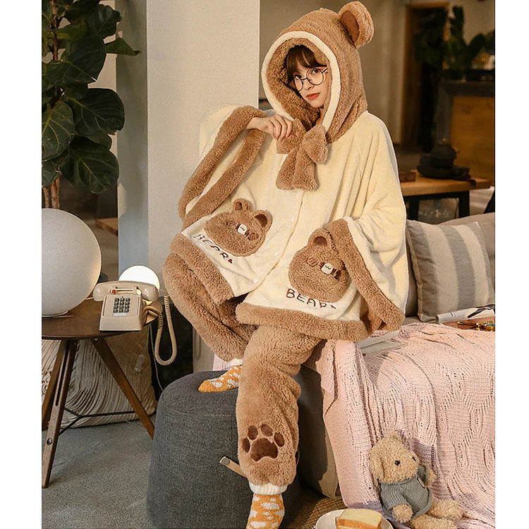 Bear Ears Pocket Bow Hooded Pajama Set