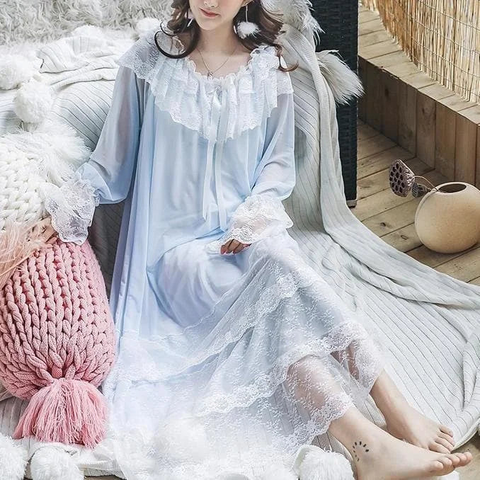 WhitePinkBlue Pastel Princess Lace Pajamas 2pcs Set Dress