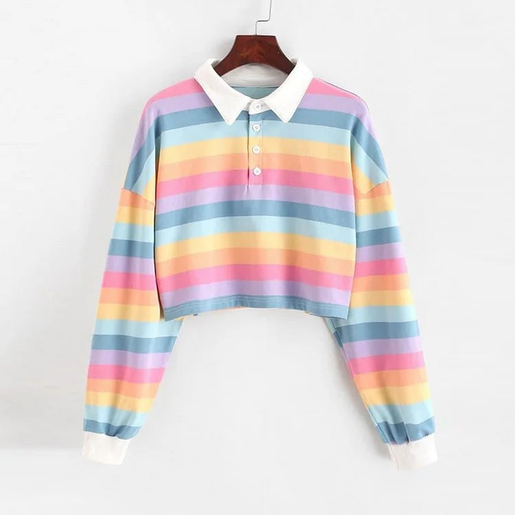 Rainbow Patchwork Button Turndown Hoodie Sweatshirt